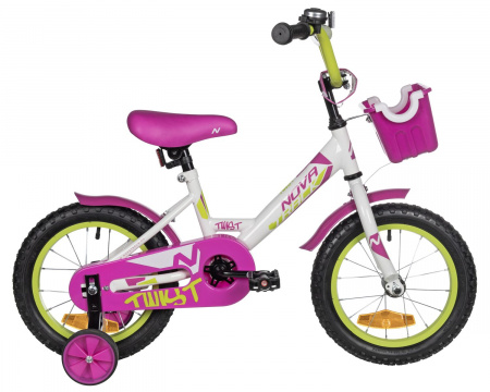 Велосипед Novatrack Twist 14 (2025) (Велосипед NOVATRACK 14" TWIST белый, тормоз нож, крылья корот, полная защ.цепи, корзина)
