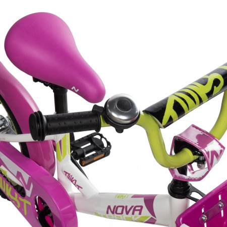 Велосипед Novatrack Twist 14 (2025) (Велосипед NOVATRACK 14" TWIST белый, тормоз нож, крылья корот, полная защ.цепи, корзина)