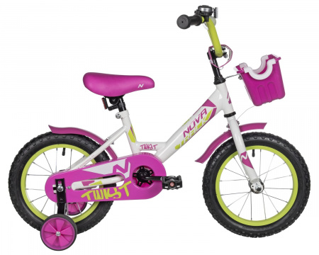 Велосипед Novatrack Twist 14 (2025) (Велосипед NOVATRACK 14" TWIST белый, тормоз нож, крылья корот, полная защ.цепи, корзина)