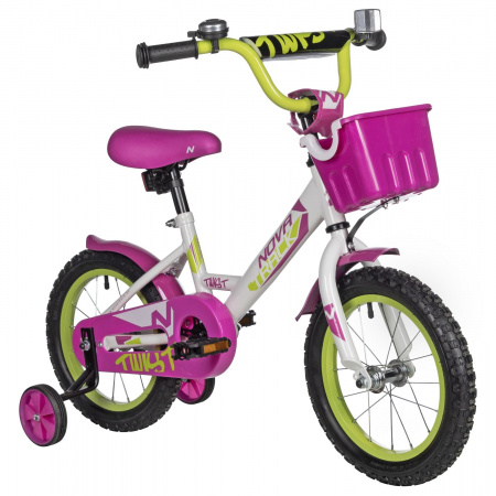 Велосипед Novatrack Twist 14 (2025) (Велосипед NOVATRACK 14" TWIST белый, тормоз нож, крылья корот, полная защ.цепи, корзина)