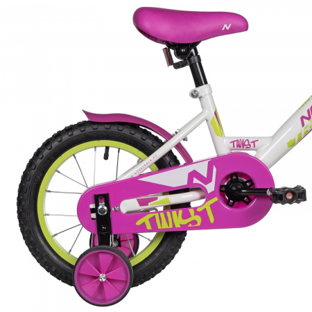 Велосипед Novatrack Twist 14 (2025) (Велосипед NOVATRACK 14" TWIST белый, тормоз нож, крылья корот, полная защ.цепи, корзина)