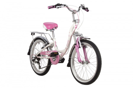 Велосипед NOVATRACK BUTTERFLY 20" (2022) (Велосипед NOVATRACK 20" BUTTERFLY сталь, белый-розовый, 6-скор, TY21/RS35/SG-6SI, V-brake, багажник)