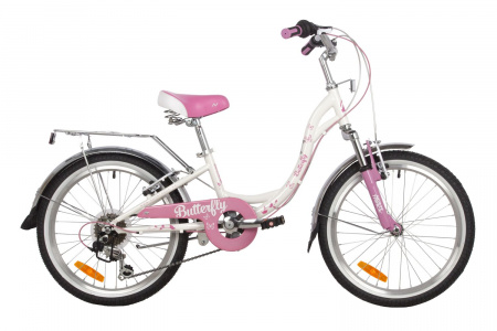 Велосипед NOVATRACK BUTTERFLY 20" (2022) (Велосипед NOVATRACK 20" BUTTERFLY сталь, белый-розовый, 6-скор, TY21/RS35/SG-6SI, V-brake, багажник)